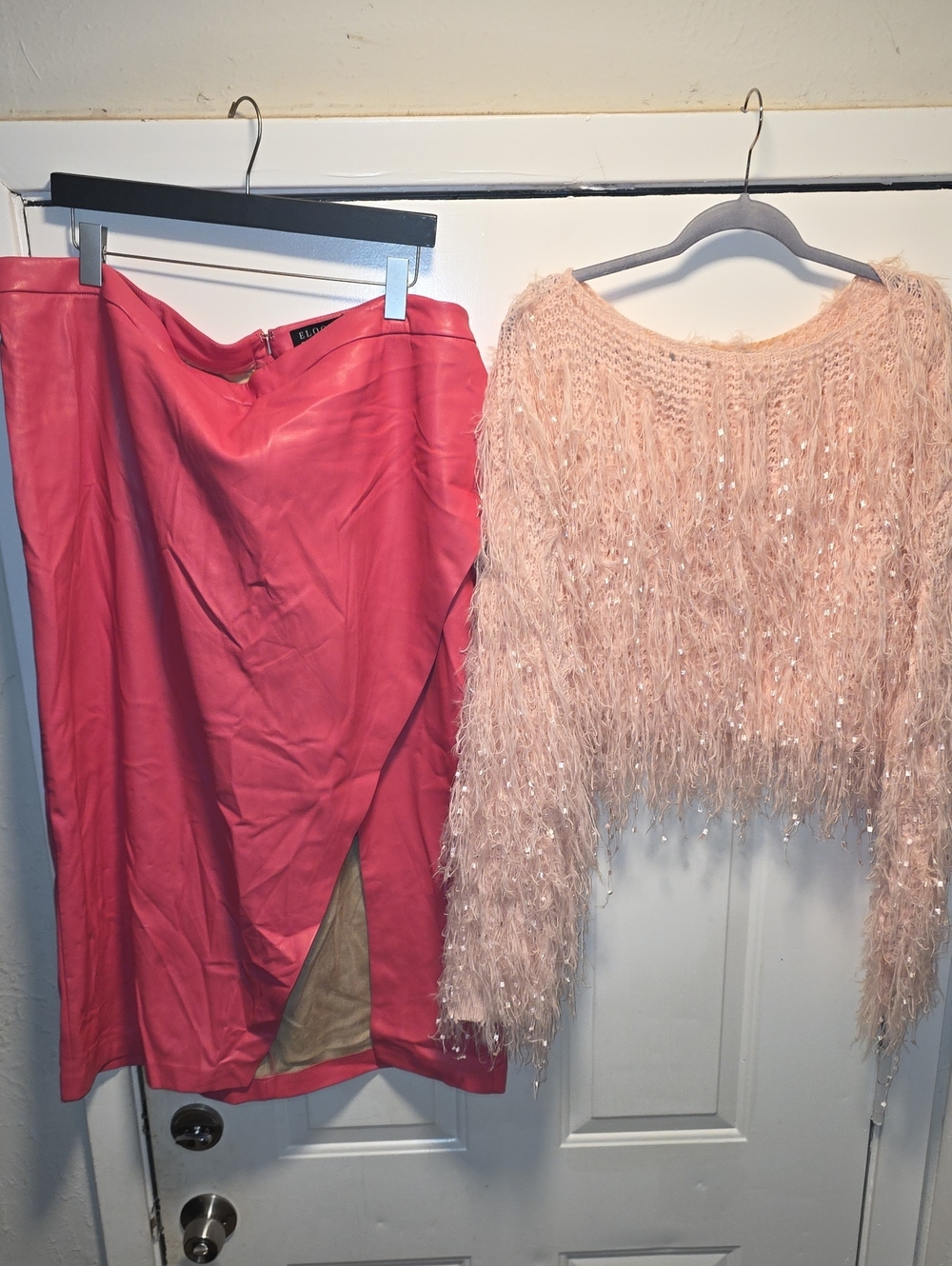 Eloquii Pink Faux Leather Pencil Skirt And Fringe Pink Sweater